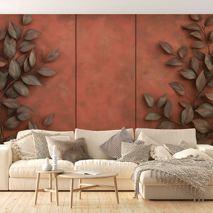 Mural Wallpaper imitation tableau | Delicate leaves on a warm red background