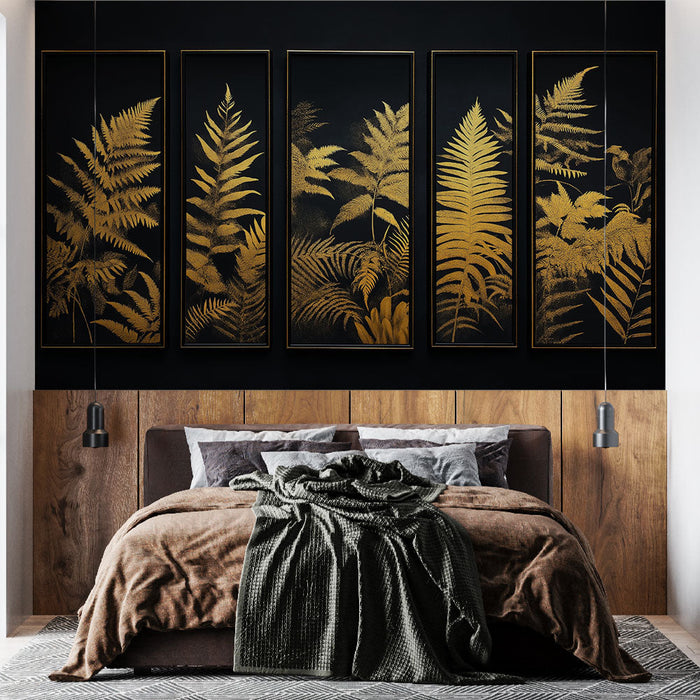 Imitație pictură tapet mural | Frunze aurii și fundal negru