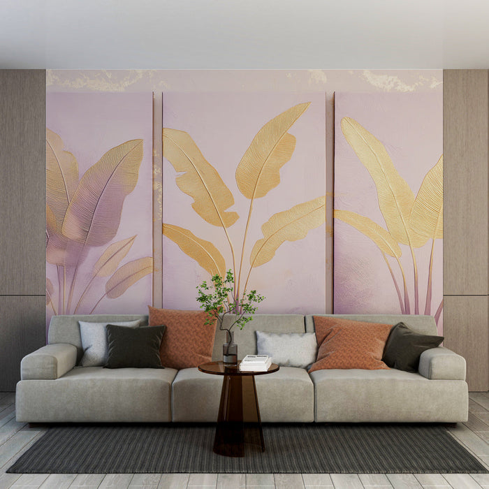 Fotótapéta utánzat tábla | Arany levelek lila háttéren elegáns