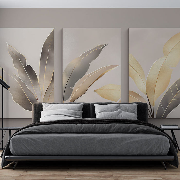 Tapet imitație de tablou | Frunze elegante în aur și gri