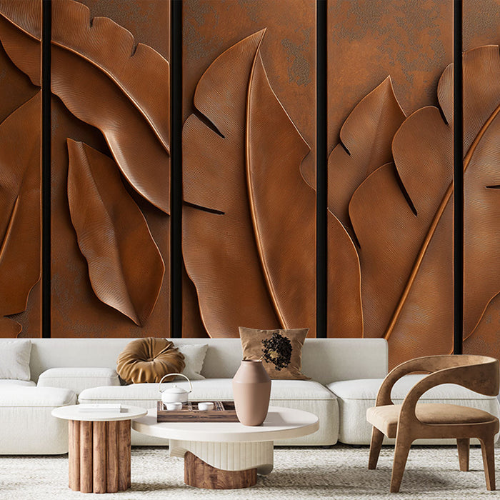 Mural Wallpaper imitation painting | Copper-colored relief leaves on a textured background