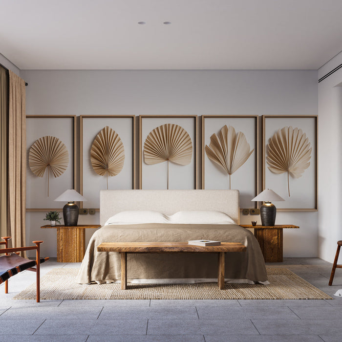 Тапет с имитация на рисуване на стена | Деликатни релефни листа в светли дървени рамки