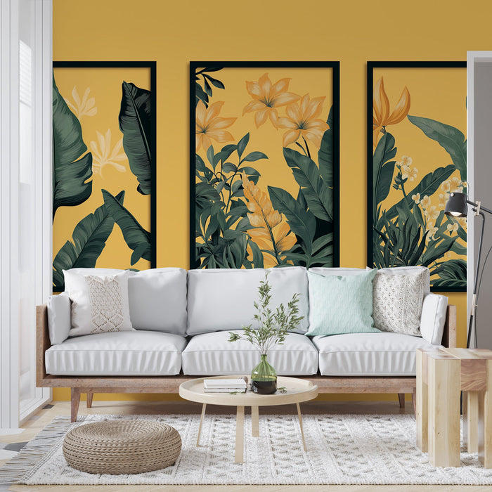 Poslikava stene imitacija slikanja | Bujno listje in svetli cvetovi na rumenem ozadju