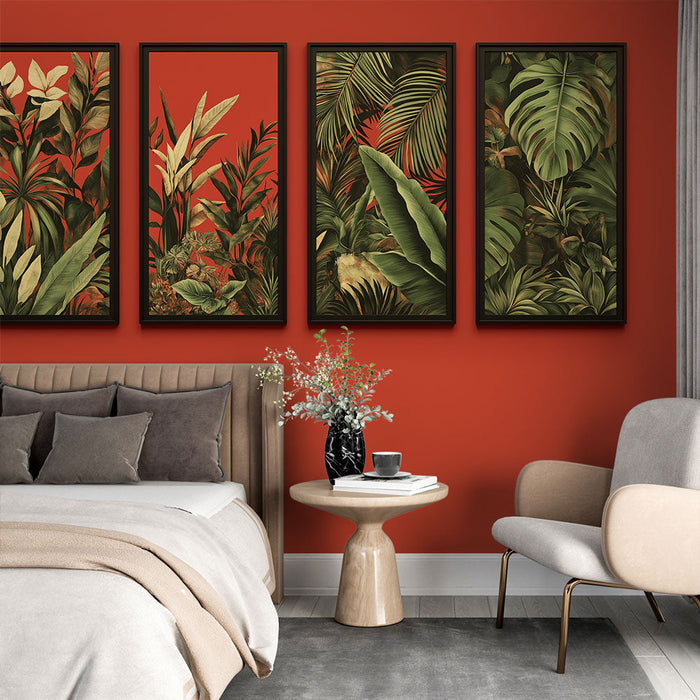 Muraaltapeet imitatsioonmaal | Lopsakad lehed erksal punasel taustal