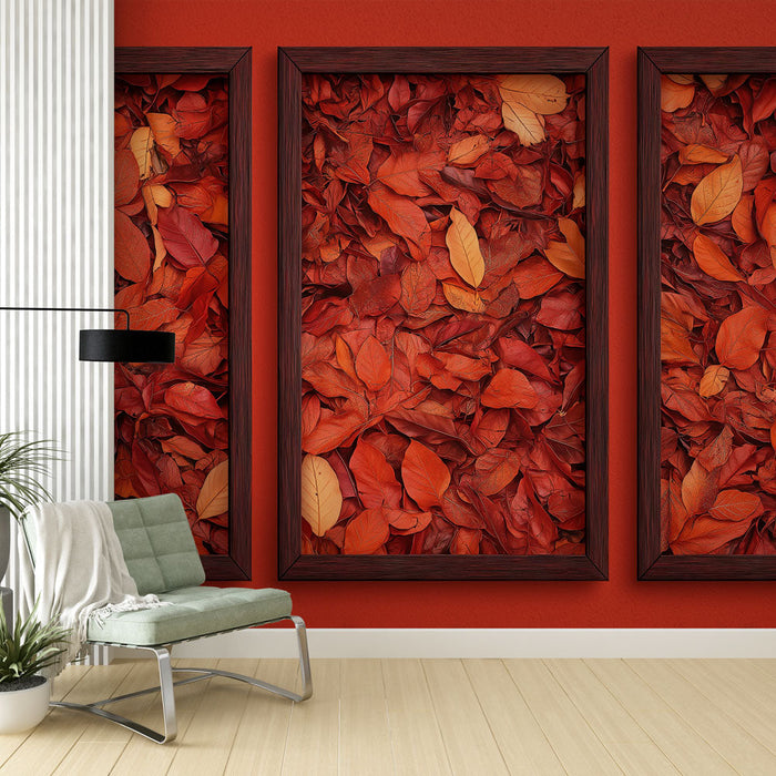 Ταπετσαρία απομίμησης ζωγραφικής | Κόκκινα και κίτρινα φύλλα σε τρεις πίνακες