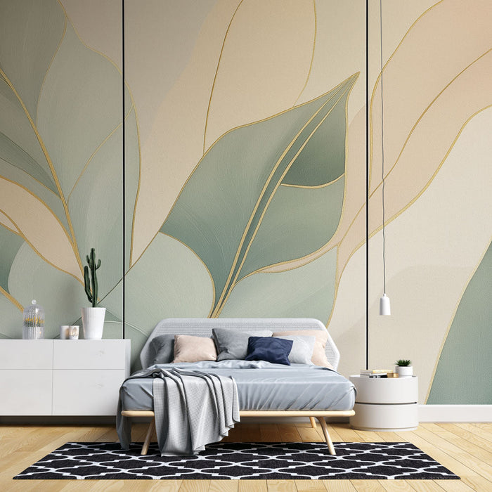 Fototapeet jäljendab maali | Stiilsete lehtede pehmete toonide ja kuldsete joontega