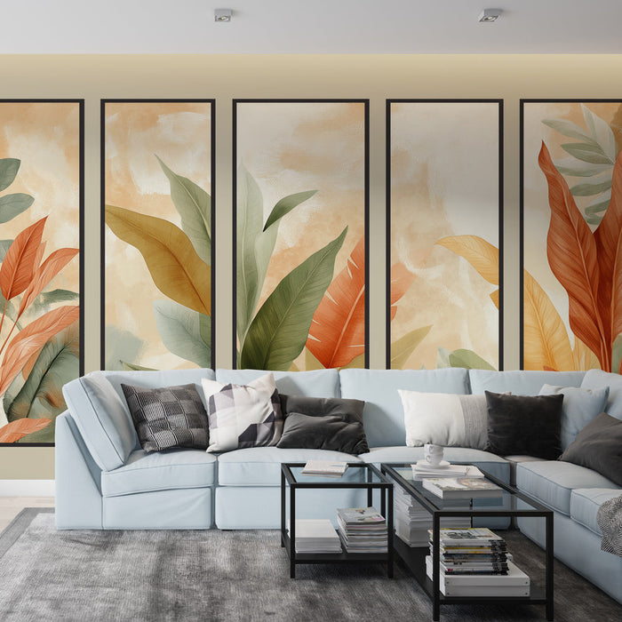 Tapetti jäljitelmämaalaus | Trooppiset lehdet oransseissa ja vihreissä sävyissä