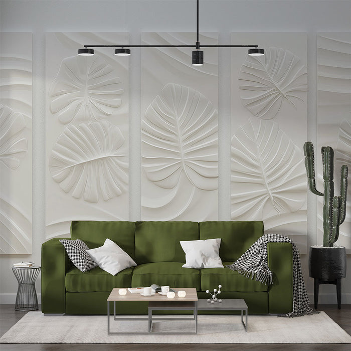 Papel pintado imitación de tablero | Hojas tropicales en relieve sobre fondo blanco