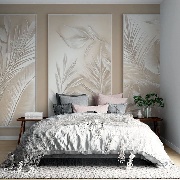 Tapet imitație pictură | Frunze tropicale în relief pe un fundal moale