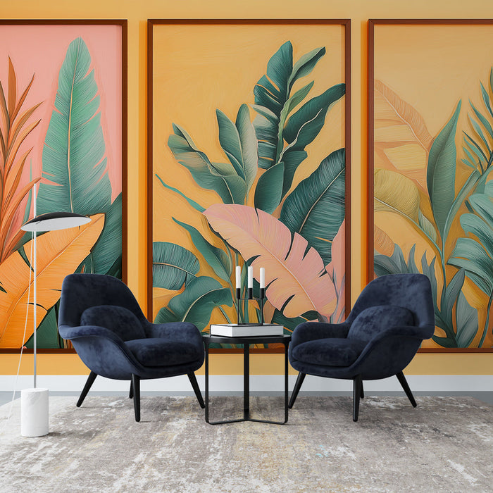 Falfestmény tapéta imitáció | Trópusi levelek domborműve pasztell háttéren