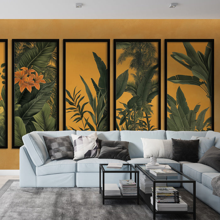 Imitație tapet pictură | Frunze și flori tropicale pe un fundal auriu