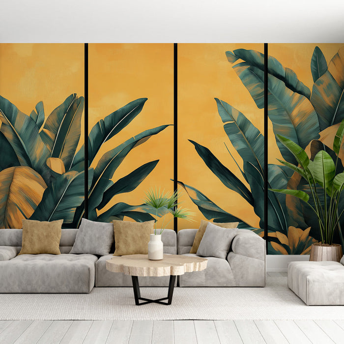 Fototapet imitation painting | Tropiske blade på orange baggrund