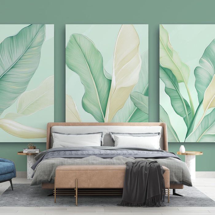 Tapeta imitacija slikanja | Zelene in kremne tropske liste
