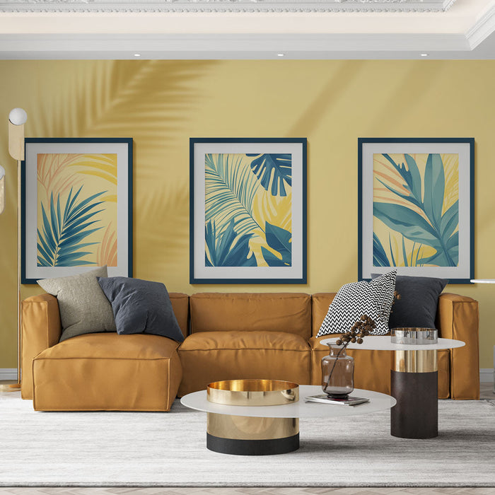 Fototapet taklit resim | Parlak sarı arka plan üzerinde stilize yeşil yapraklar