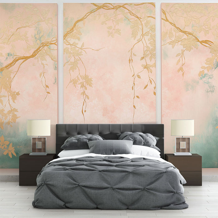 Tapetti jäljitelmä kukka maalaus | Kultaiset oksat pastellivärillisellä taustalla