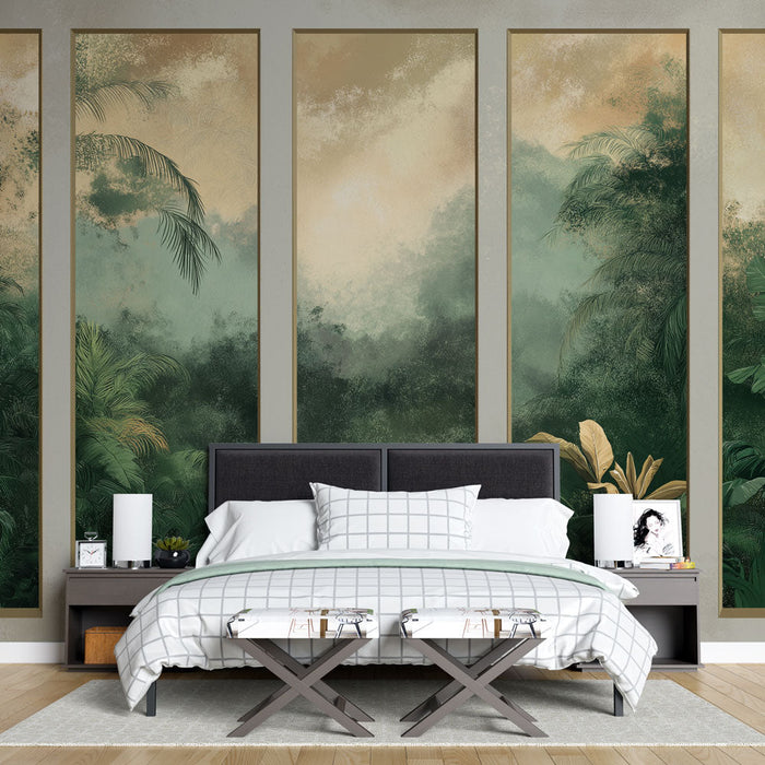 Tapeta s imitací malby | Hustý les s zlatými doteky