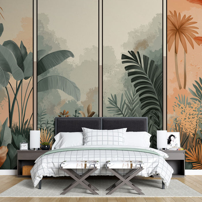 Papel de parede imitação de pintura | Floresta tropical com tons de verde e laranja