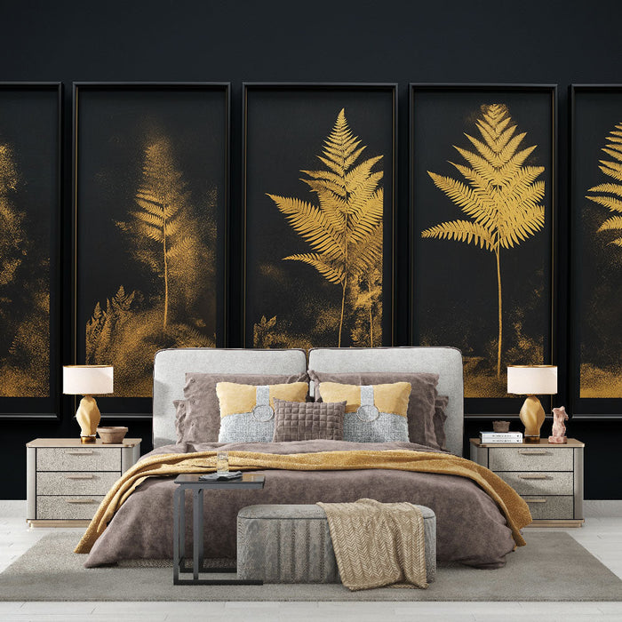Fototapet imitasjon av maleri | Gyldne bregner på svart bakgrunn