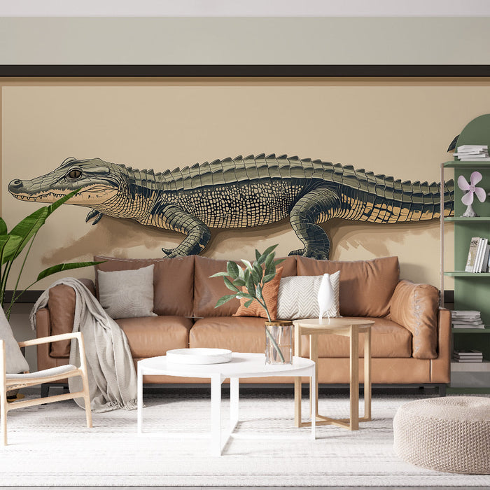 Mural Wallpaper imitation painting | Realistic illustration of a crocodile on a neutral background