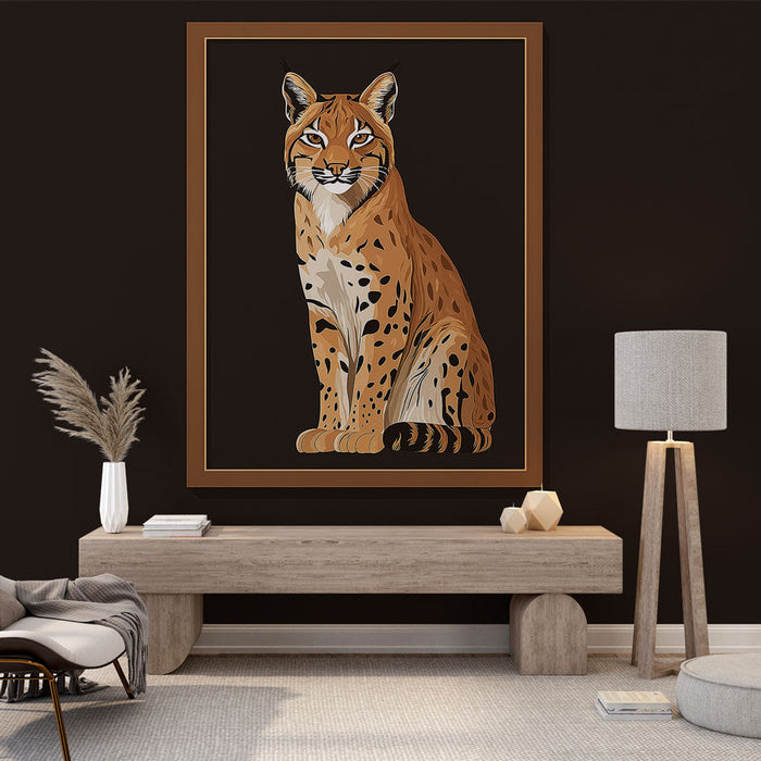 Imitação de pintura de papel de parede mural | Ilustração estilizada de um lince sentado em um fundo escuro