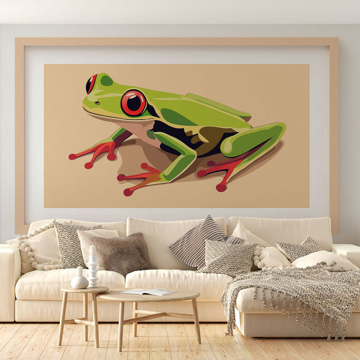 Ταπετσαρία τοιχογραφίας απομίμηση ζωγραφικής | Ζωντανή απεικόνιση ενός πολύχρωμου βατράχου με κόκκινα μάτια
