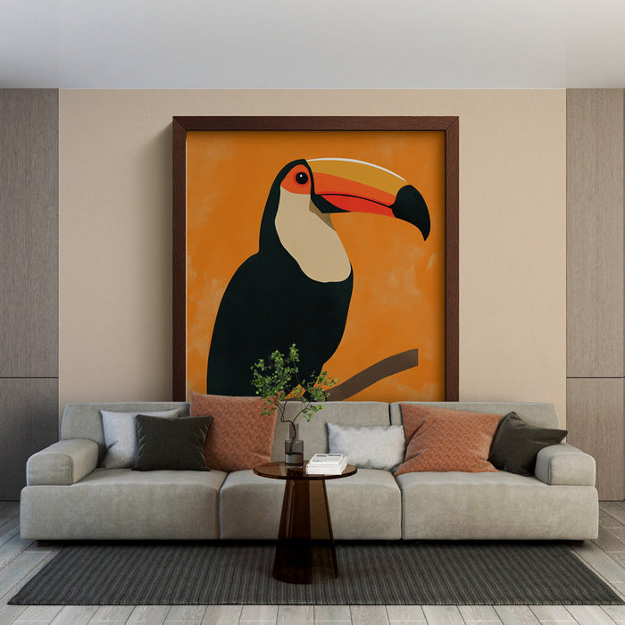 Falfestmény utánzat festés | Színes illusztrációk egzotikus madarakról narancssárga háttéren