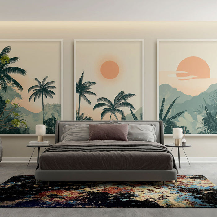 Fototapet taklit resim | Palmiye ağaçlarının ve huzur veren günbatımının illüstrasyonları