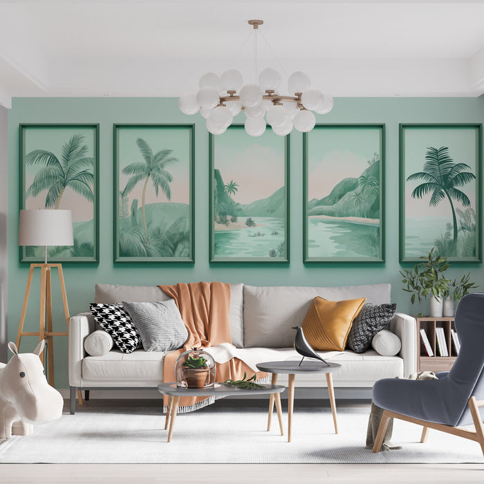 Tapete Nachahmung Malerei | Zarte Illustrationen von Palmen und Lagunen