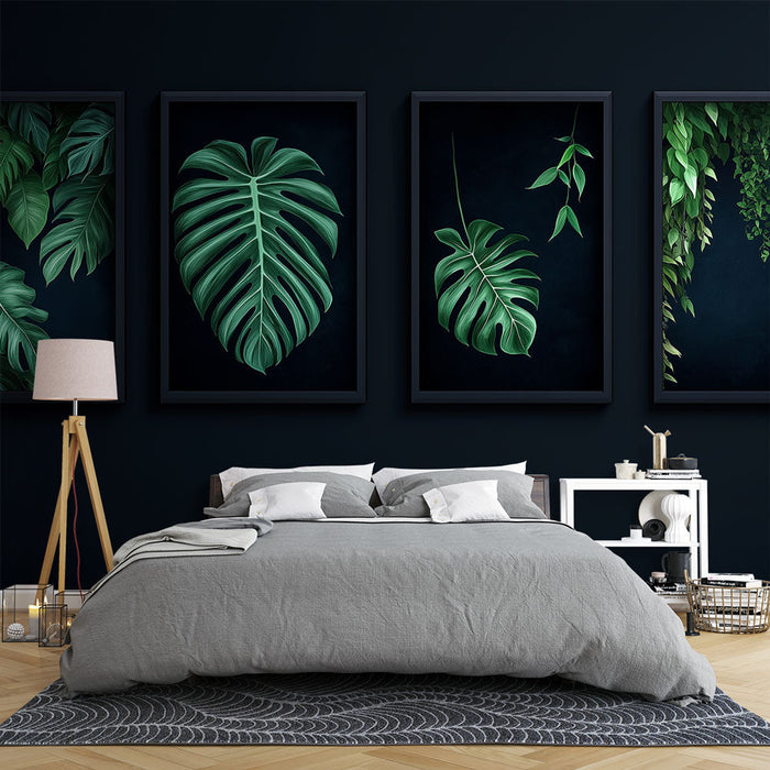 Foto Behang imitatie schilderij | Elegante illustraties van groene bladeren op een donkere achtergrond