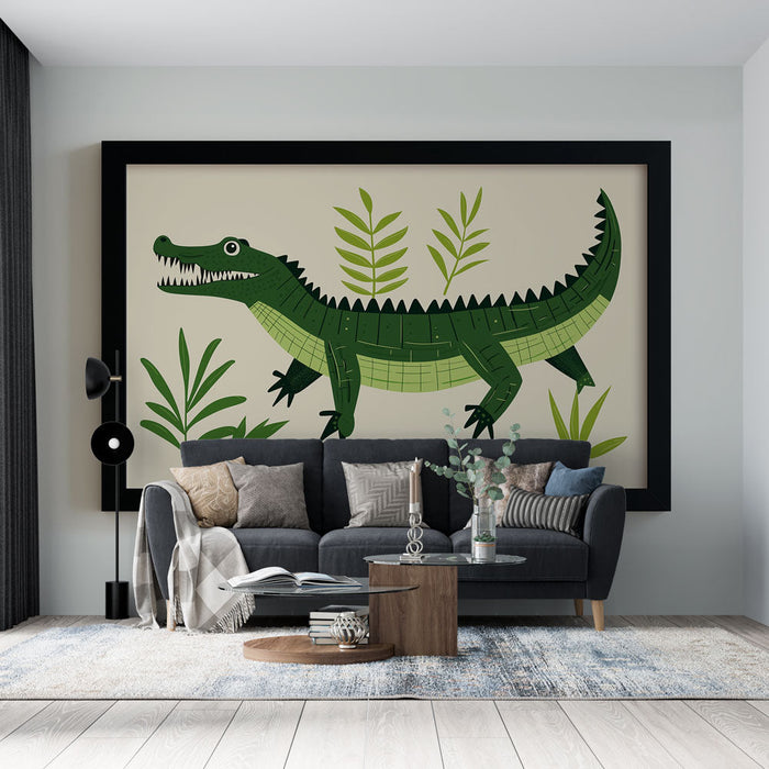 Fototapet taklit resim | Tropikal yapraklar arasında stilize bir timsahın eğlenceli illüstrasyonları