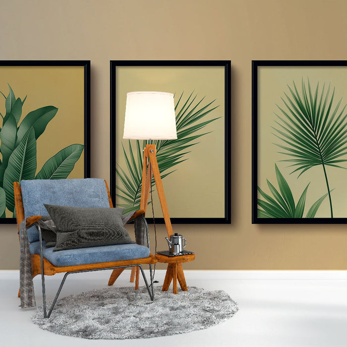 Tapet imitație pictură | Ilustrații moderne de frunziș verde pe un fundal galben