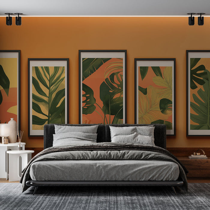 Imitacija slike tapeta | Moderne ilustracije tropskog lišća na narančastoj pozadini
