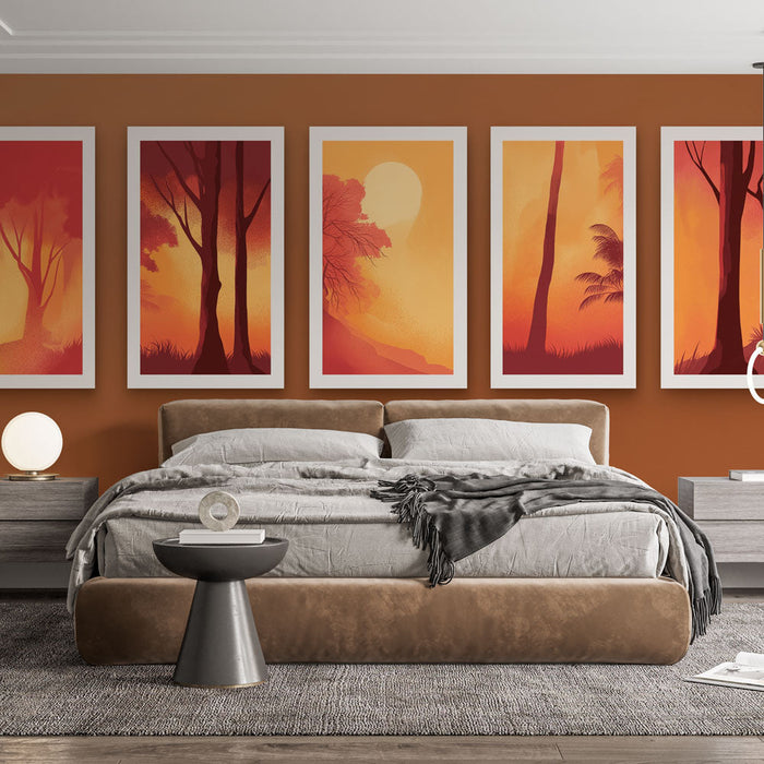 Falfestmény utánzat festmény | Stilizált illusztrációk fa sziluettekről piros és narancssárga átmenetben