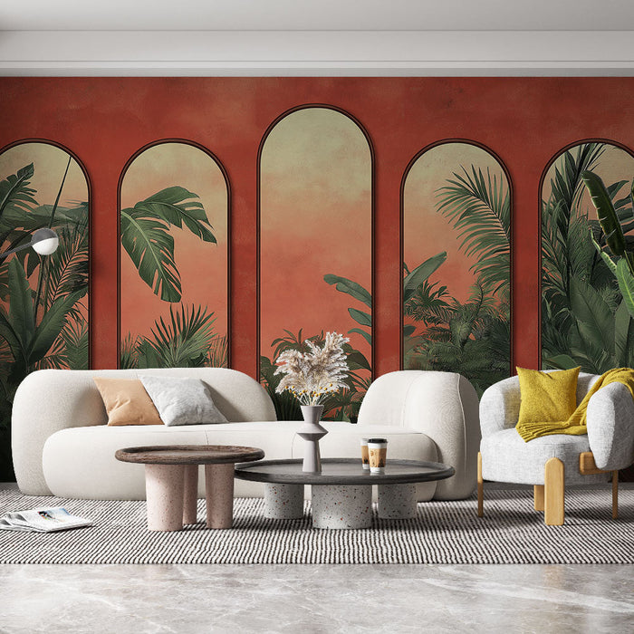 Tapeta posnemanje tabele | Tropski vrt z rdečimi in zelenimi obokanimi luksuznimi motivi