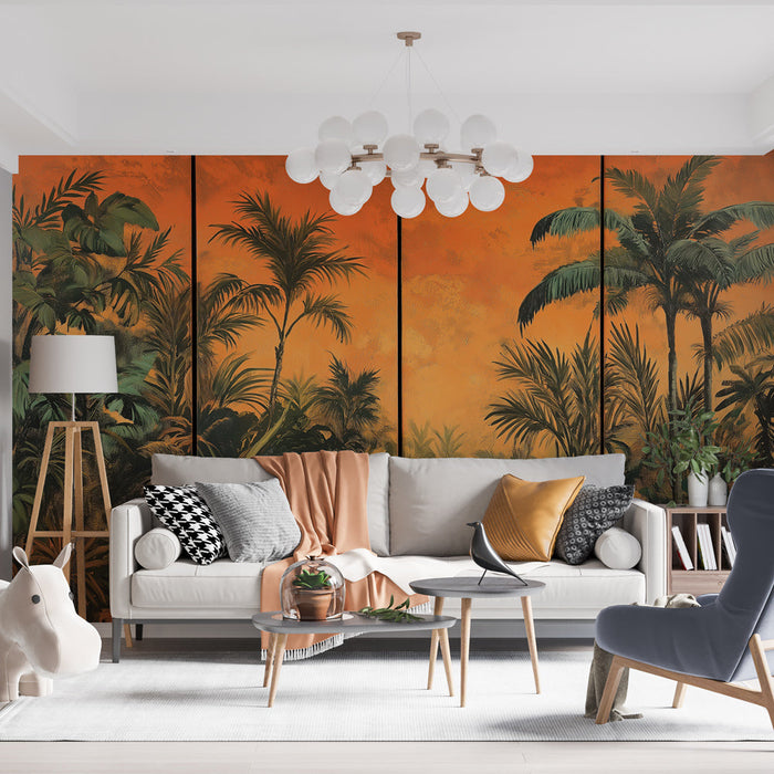 Mural Wallpaper imitation painting | Tropical jungle at orange dusk