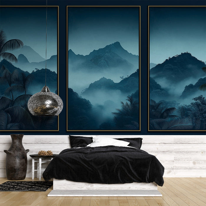 Tapet imitație pictură | Munți cețoși la amurg în nuanțe de albastru