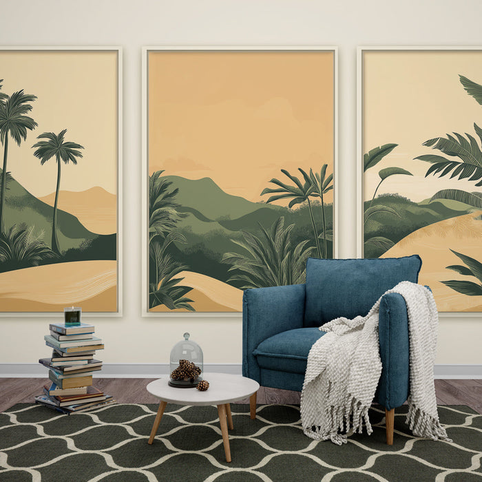 Ταπετσαρία τοιχογραφίας απομίμηση ζωγραφικής | Πράσινα βουνά και μεγαλοπρεπείς φοίνικες