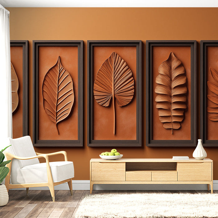 Papel de parede com imitação de pintura | Motivos de folhas em relevo em um fundo laranja quente