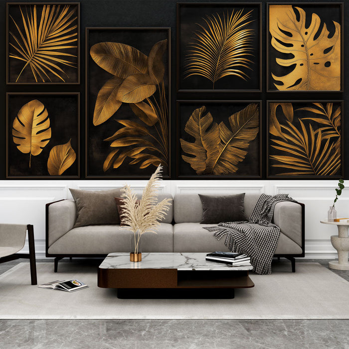 Ταπετσαρία απομίμηση ζωγραφικής | Πλούσια σχέδια φύλλων σε μαύρο φόντο