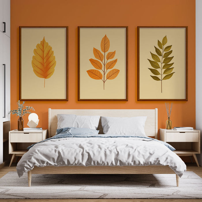 Carta da parati imitazione pittura | Motivi di foglie arancioni e verdi su sfondo crema