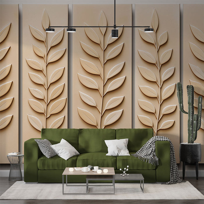 Tapete de imitación de mural con motivos de hojas esculpidas en beige