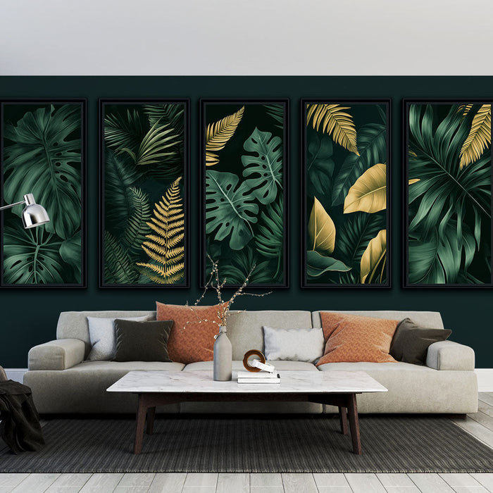 Ταπετσαρία απομίμησης ζωγραφικής | Πλούσια πράσινα μοτίβα φύλλων και χρυσές πινελιές