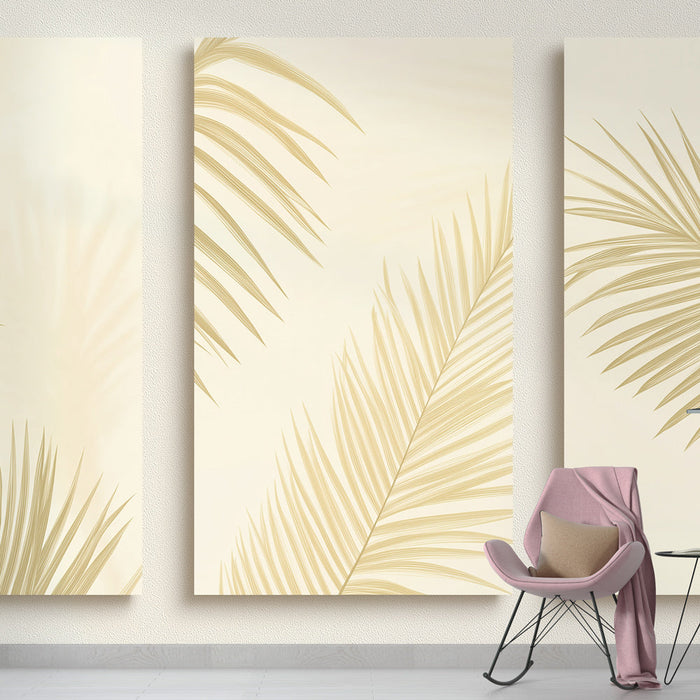 Mural Wallpaper imitation palm tree painting | Golden palm leaves on a cream background