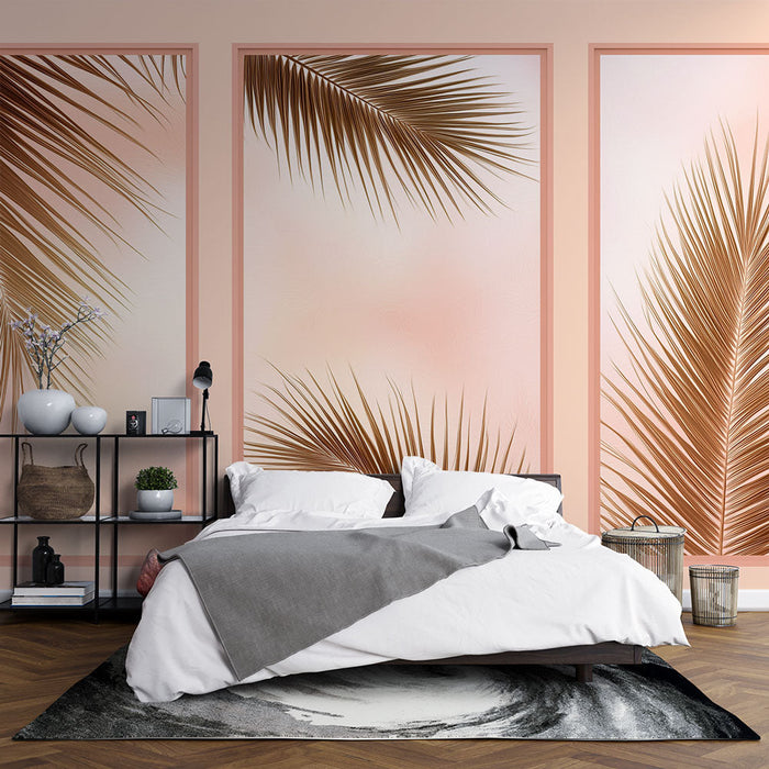 Fototapet efterligning af maleri | Gyldne palmetræer på en lyserød baggrund