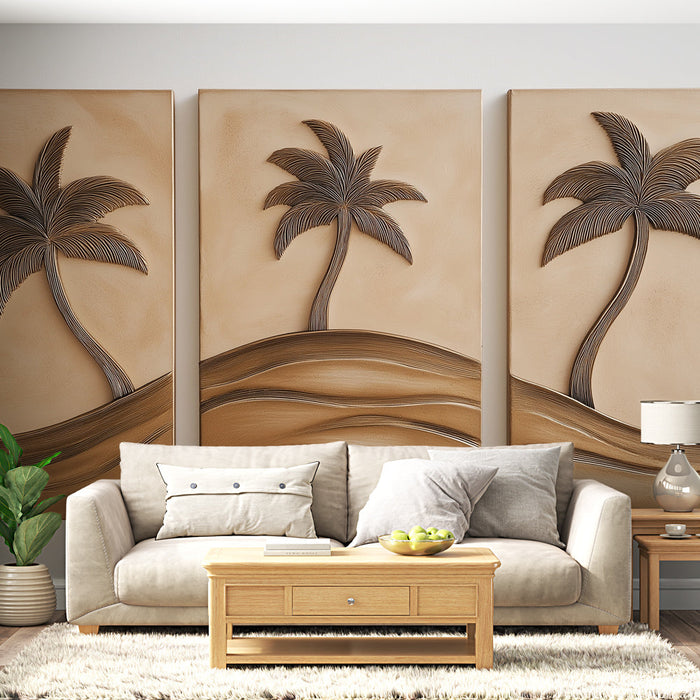 Tapete de imitación de mural | Palmeras estilizadas y patrones fluidos en tonos dorados