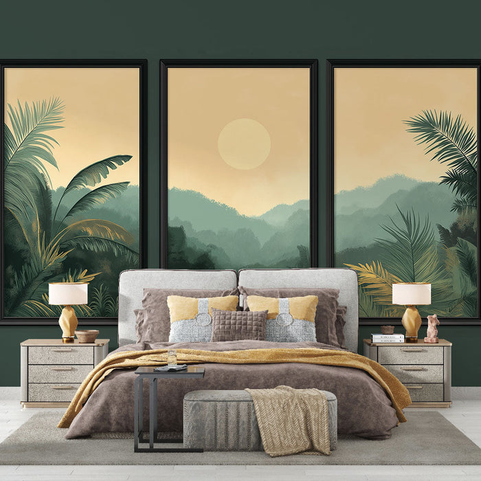 Ταπετσαρία τοιχογραφίας απομίμηση ζωγραφικής | Πλούσια δασικά πάνελ με έναν χρυσό ήλιο