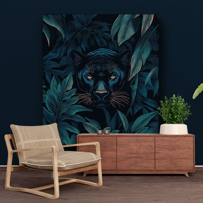 Papel pintado imitación pintura | Majestuosa pantera entre follaje exuberante