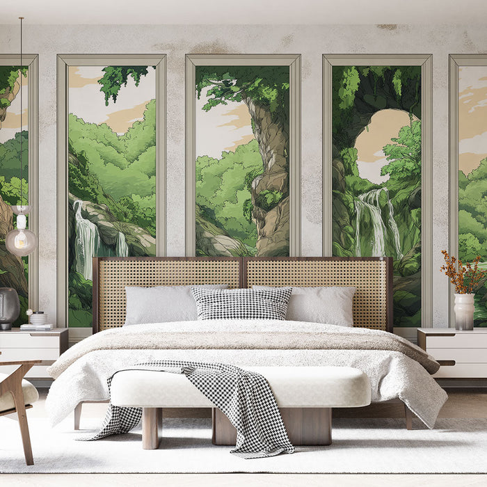 Tapete Imitation Gemälde | Landschaft von Wasserfällen umgeben von üppigem Grün