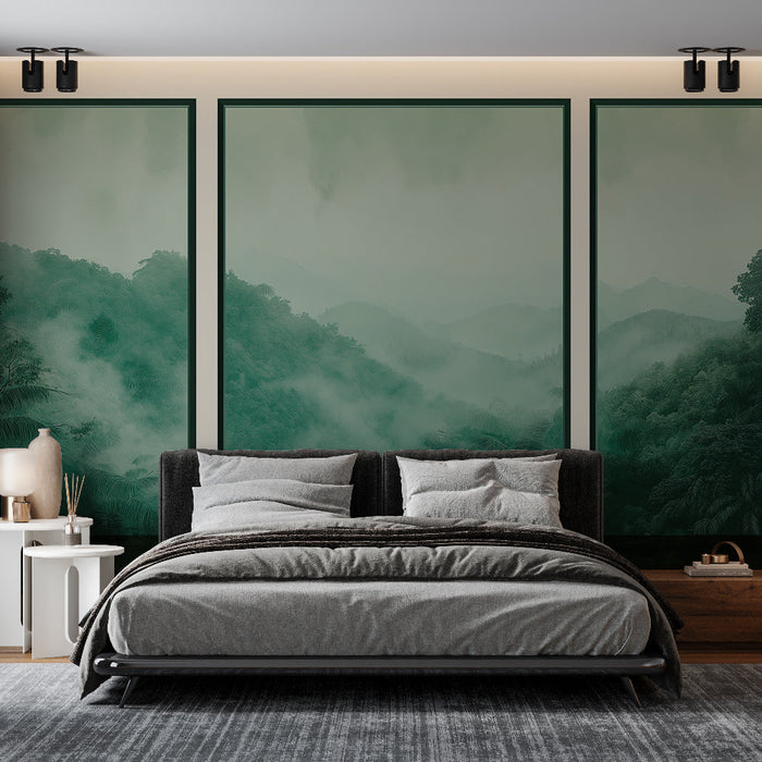 Carta da parati imitazione pittura | Paesaggio montano nebbioso in tonalità di verde