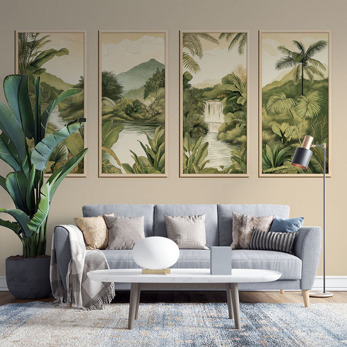 Tapete Imitation Malerei | Üppige Landschaft mit Wasserfällen und exotischer Vegetation